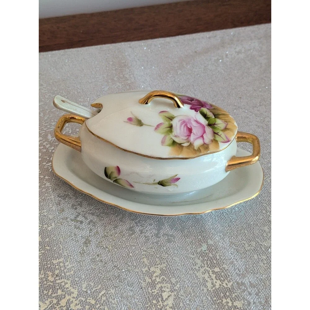 Lefton China Vtg Pink Gold Trim Floral Sugar Bowl Lid & Spoon Hand Painted 4668